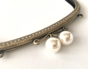 1 bronze metal purse frame with sewing holes 21 cm, supplies, coin purse frame, white pearl decoration, pearl purse clasps, premium purse