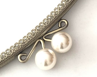 1 bronze metal purse frame with sewing holes 21 cm, supplies, coin purse frame, white pearl decoration, pearl purse clasps, premium purse