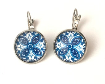 Round glass tile earrings, azulejo, glass mosaics pendant earrings, portuguese tile earrings, blue and white earrings, portuguese jewelry