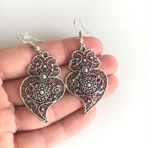 1 Pair of Portuguese filigree earrings silver 4.2 cm charm heart flower findings Viana Heart earrings, portuguese traditional jewellery