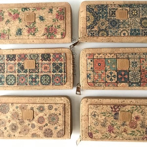 Portefeuille en liège, sac en liège portefeuille végétalien, portefeuille écologique pour femmes avec place pour cartes et pièces de monnaie, motif talavera, portefeuille en liège à carreaux portugais