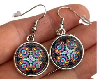 Round glass tile earrings, azulejo, glass mosaics earrings, portuguese tile earrings, blue, white and yellow earrings, portuguese jewelry