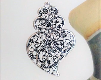 1 Pair of Portuguese filigree earrings silver 4 cm charm, heart flower findings, Viana Heart earrings