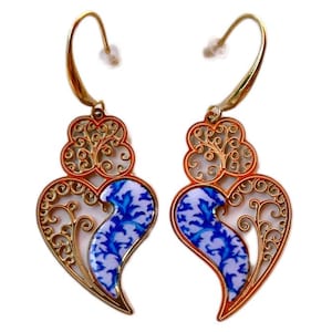 Viana&#39;s hearts earrings, portuguese filigree earrings, traditional filigree Portugal heart of Viana Love earrings stainless steel blue tile