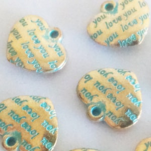 Love you heart gold and blue, love u pendant 14 mm charm findings supplies, double sided pendants, love pendants, valentines charms,7 pieces
