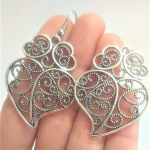 1 Pair of Portuguese filigree earrings silver 4.0 cm heart flower findings Viana Heart earrings, portuguese traditional jewellery, Portugal