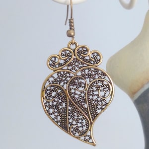 1 Pair of Portuguese filigree earrings bronze 4 cm charm heart flower findings Viana Heart earrings