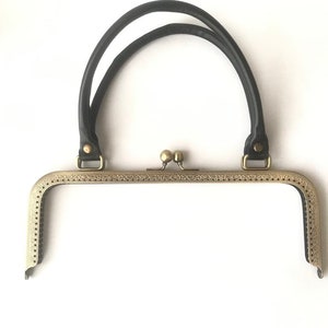 1 bronze metal purse frame with sewing holes 27 cm, supplies, purse frame with black leather handle, big purse frame for handmade handbag
