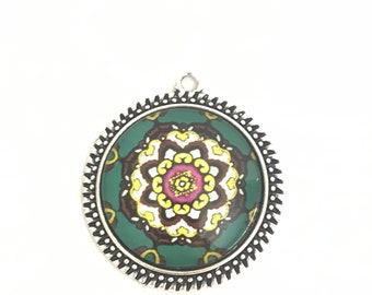 Glass tile pendant, azulejo, portuguese tile like pendants, talavera jewelry, geometric supplies, green flower pendant, Viana, azulejo