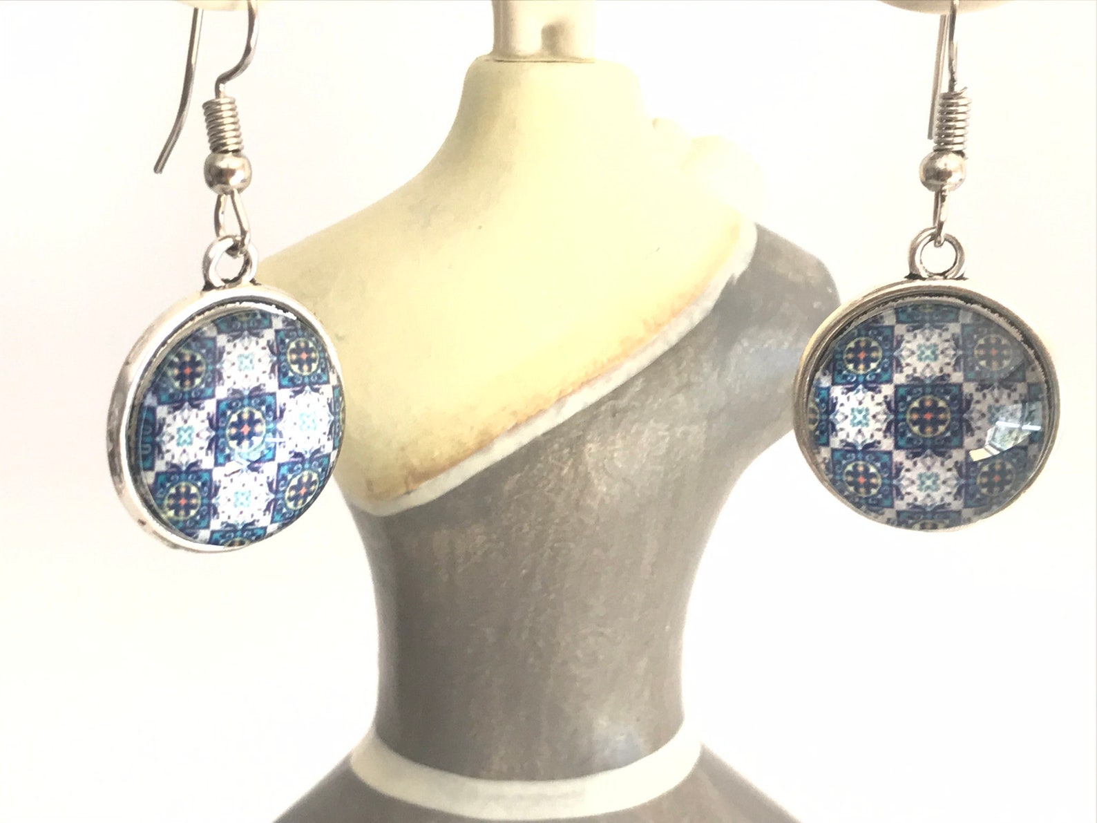 Round Glass Tile Earrings Azulejo Glass Mosaics Pendant Etsy