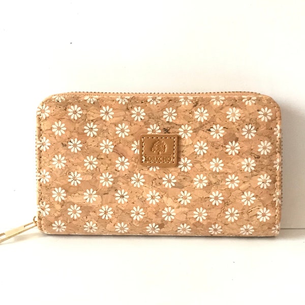 Cork wallet, vegan wallet, cork bag, womens eco-friendly wallet with place for cards and coins, daisy flower pattern, portuguese cork wallet