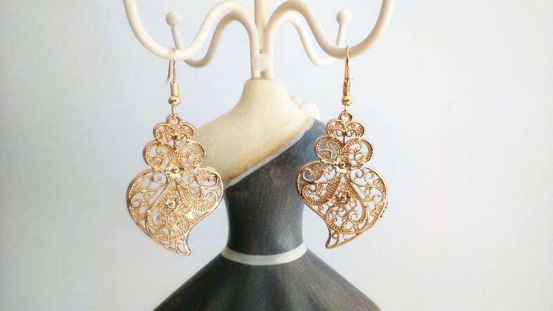 1 Pair of Portuguese filigree earrings gold 4 cm charm heart flower findings Viana Heart earrings traditional portuguese jewellery, Portugal image 2