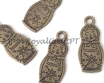 4x bronze brass russian doll pendant 30 mm charm findings supplies, double sided necklace pendant, russia doll, matryoshka doll, babushka