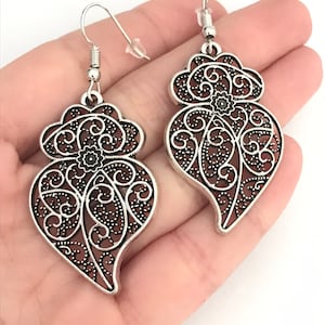 1 Pair of Portuguese filigree earrings silver 4 cm charm heart flower findings Viana Heart earrings