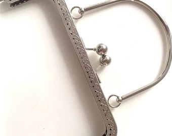 1 zilveren metalen portemonnee frame met naaigaten 18 cm, portemonnee frame met metalen handvat, bloemendecoratie, portemonnee sluitingen voor handtas