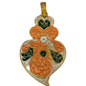 Filigree pendant in gold, white, orange and green, portuguese pendant 7.9 cm, viana's heart, heart of viana, Portugal, portuguese necklace