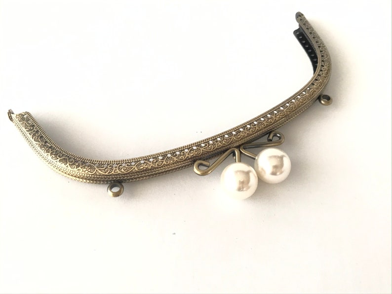 1 bronze metal purse frame with sewing holes 21 cm, supplies, coin purse frame, white pearl decoration, pearl purse clasps, premium purse image 4