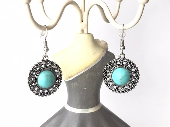 1 Pair of filigree earrings in silver color, turquoise stone, portuguese jewelry, traditional jewelry, round blue earrings, Portugal