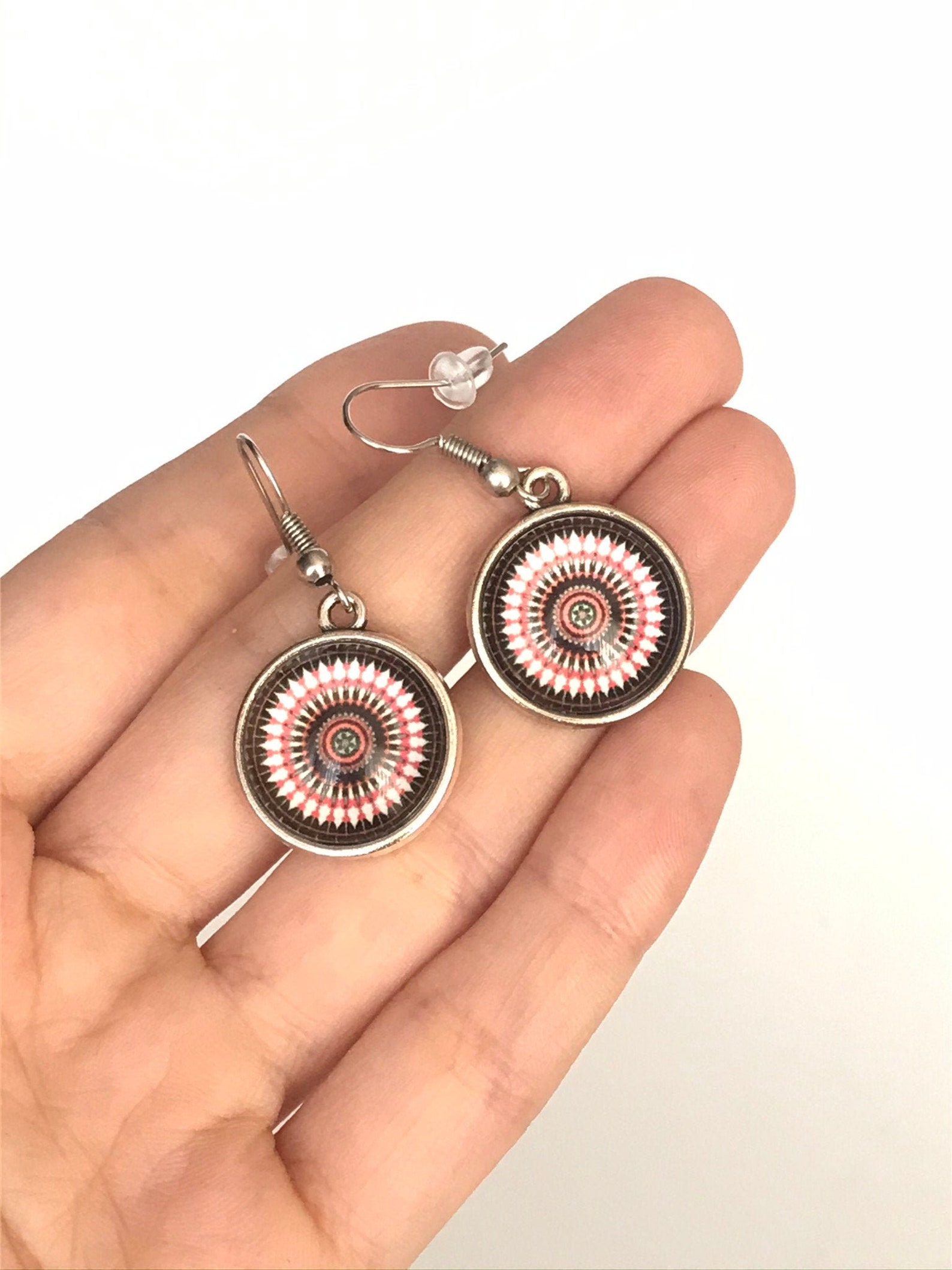 Round Glass Tile Earrings Azulejo Glass Mosaics Pendant Etsy