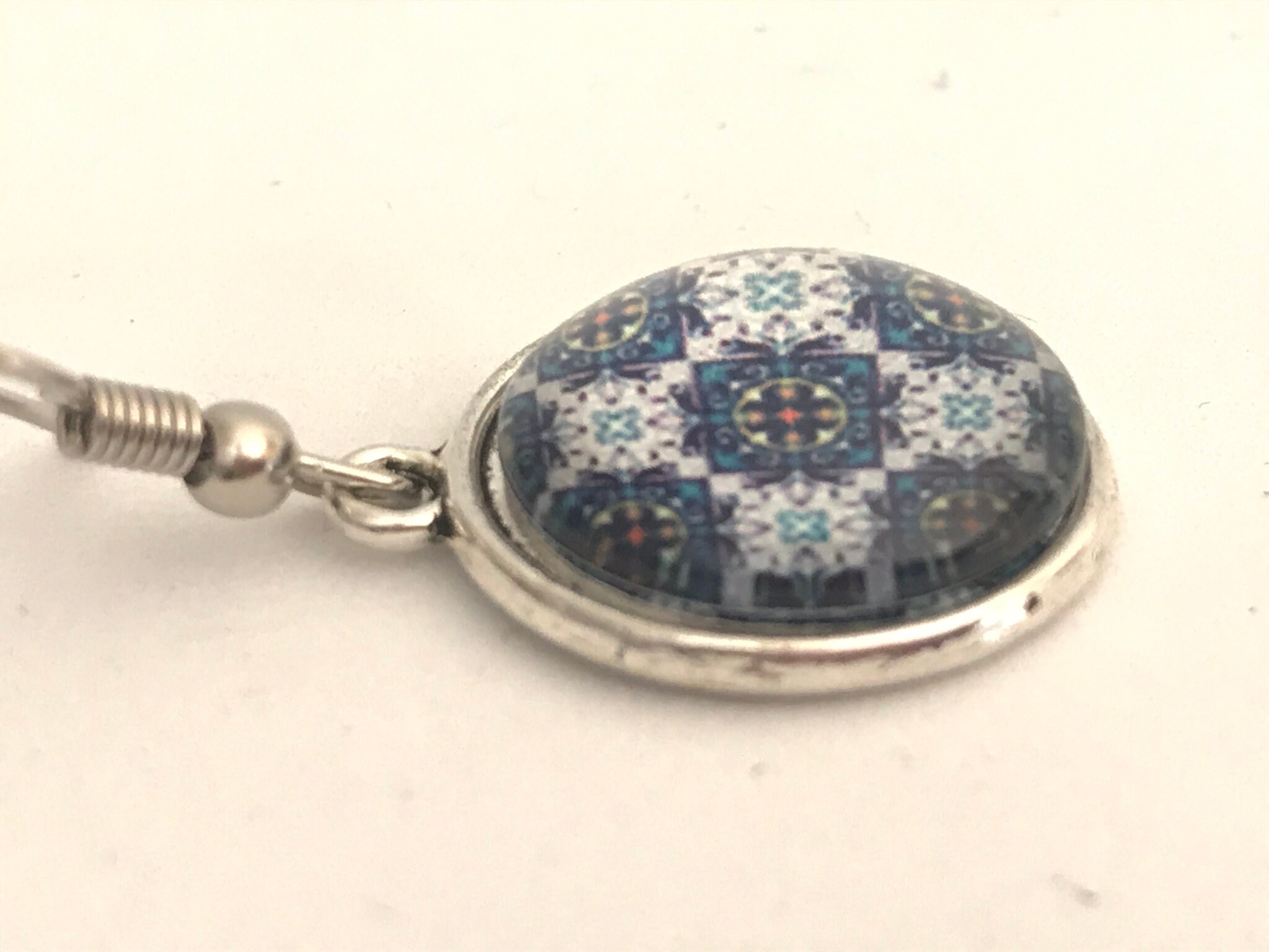 Round Glass Tile Earrings Azulejo Glass Mosaics Pendant Etsy