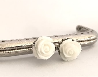 1x silver metal purse frame with sewing holes 8,5 cm, supplies, white flower decoration, coin purse frame