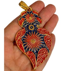 Filigraner Anhänger in Rot und Blau, portugiesischer Anhänger 7,7 cm, Vianas Herz, Herz von Viana, Portugal, portugiesische Halskette, Filigran