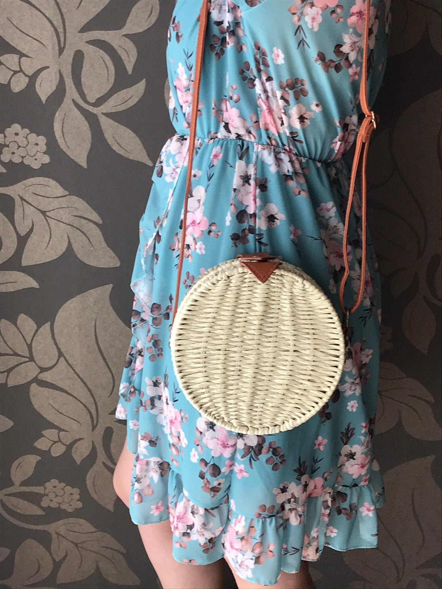 Rattan Bag Beige White Round Straw Bag Vegan Crossbody Bag | Etsy