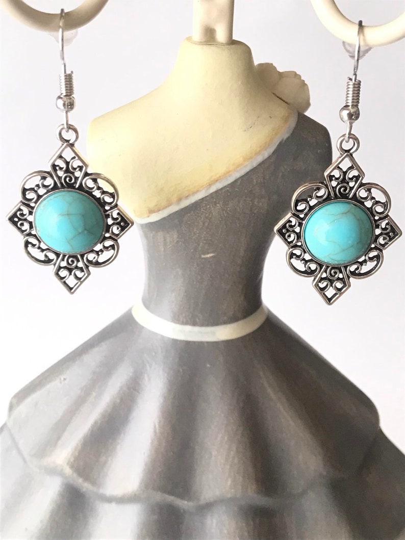 1 Pair of filigree earrings in silver color, turquoise stone, portuguese jewelry, traditional jewelry, round blue earrings, Portugal image 1