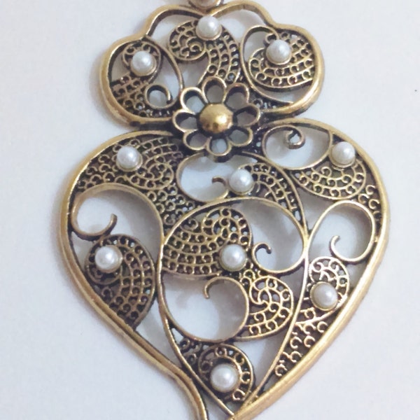 1x bronze brass filigree pendant portuguese 8 cm charm heart flower findings supplies, filgree pendant, fligree pendant, pearl decoration
