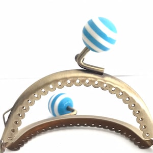 Metal purse frame with sewing holes 8,50 cm bronze supplies purse clasp, coin purse frame, white and blue ball decoration, cute coin purse image 6