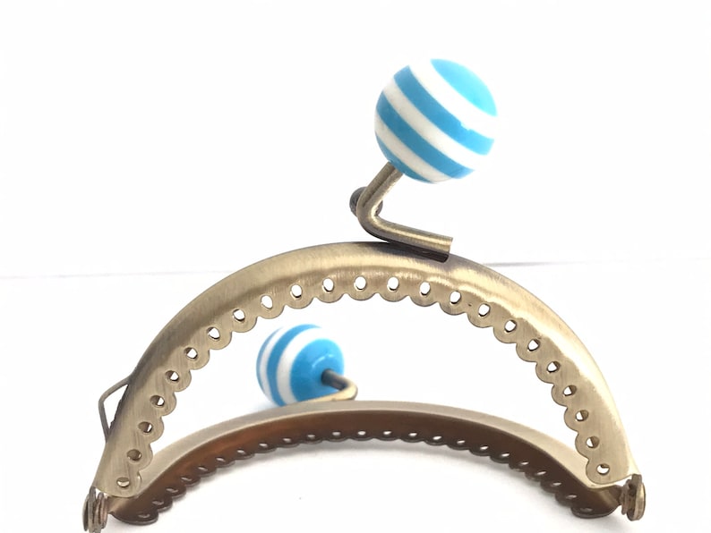 Metal purse frame with sewing holes 8,50 cm bronze supplies purse clasp, coin purse frame, white and blue ball decoration, cute coin purse image 6