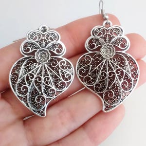 1 Pair of Portuguese filigree earrings silver 4.2 cm charm heart flower findings Viana Heart earrings, portuguese traditional jewellery