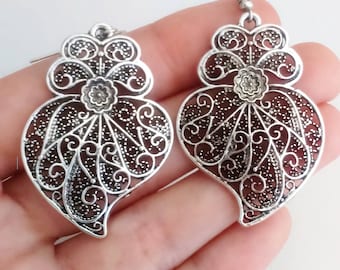 1 Pair of Portuguese filigree earrings silver 4.2 cm charm heart flower findings Viana Heart earrings, portuguese traditional jewellery