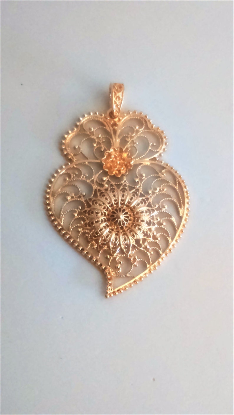 Filigree Pendant Gold Portuguese 8 Cm Charm Heart Flower Etsy