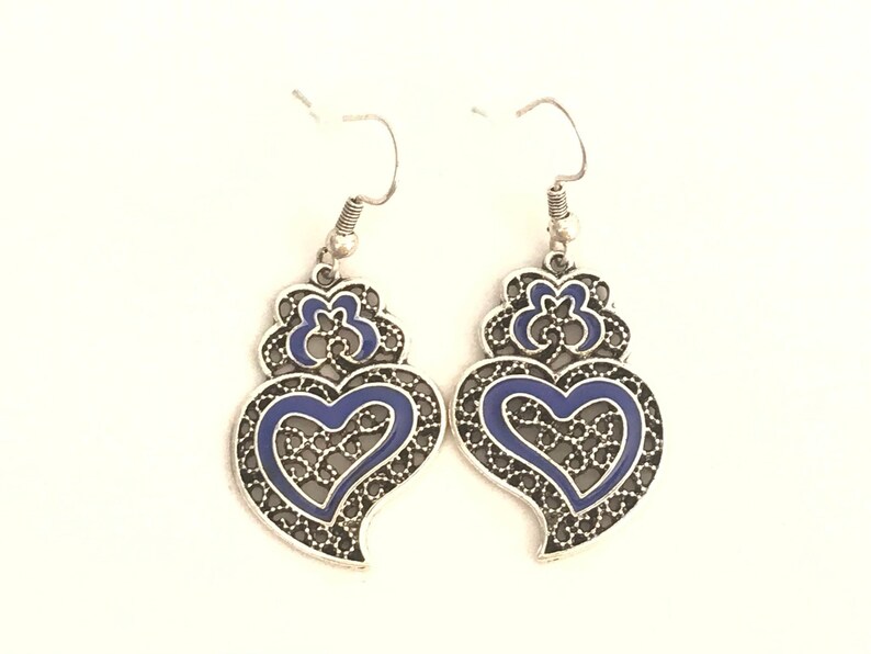 1 Pair of Portuguese filigree earrings, blue decoration silver earrings 3.0 cm, blue flower earrings, Viana's Heart earrings, Portugal image 1