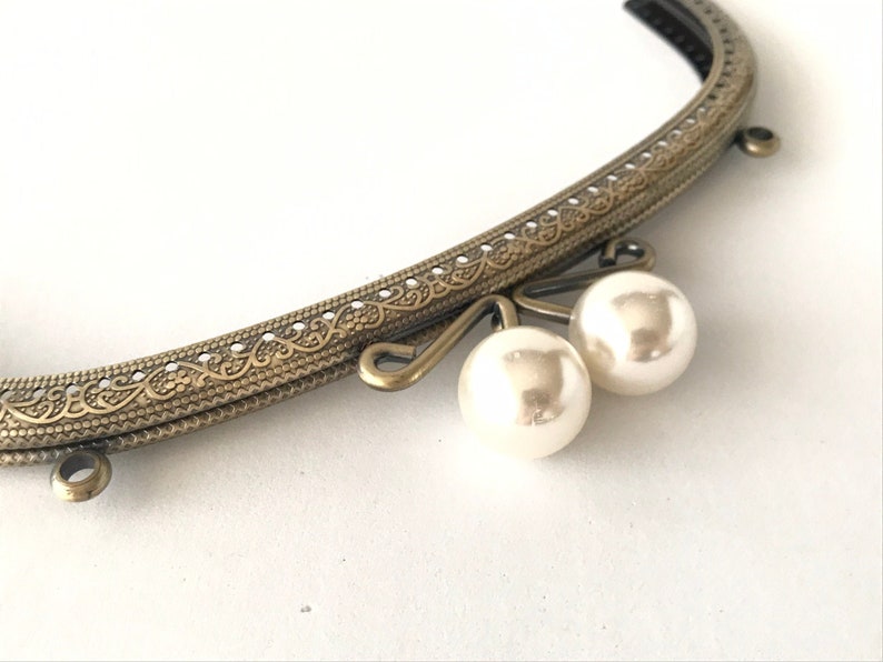 1 bronze metal purse frame with sewing holes 21 cm, supplies, coin purse frame, white pearl decoration, pearl purse clasps, premium purse image 1