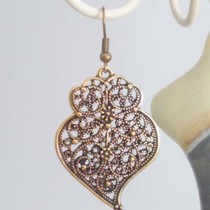 1 Pair of Portuguese filigree earrings bronze brass 3,5 cm charm heart flower findings Viana Heart earrings