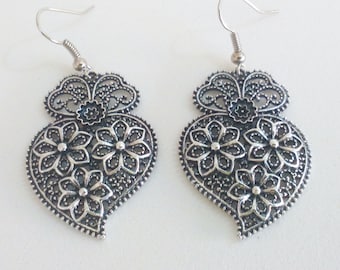 1 Pair of Portuguese filigree earrings silver 3,5 cm charm heart flower findings Viana Heart earrings