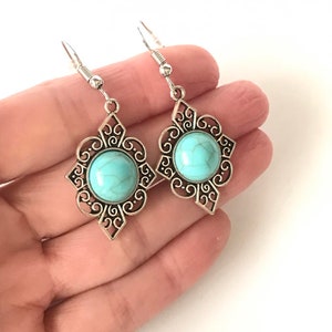1 Pair of filigree earrings in silver color, turquoise stone, portuguese jewelry, traditional jewelry, round blue earrings, Portugal image 2