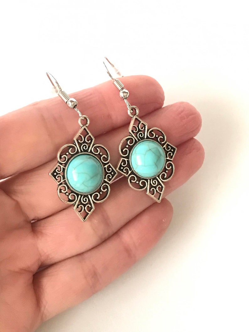 1 Pair of filigree earrings in silver color, turquoise stone, portuguese jewelry, traditional jewelry, round blue earrings, Portugal image 2