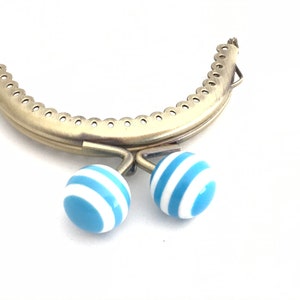 Metal purse frame with sewing holes 8,50 cm bronze supplies purse clasp, coin purse frame, white and blue ball decoration, cute coin purse image 3