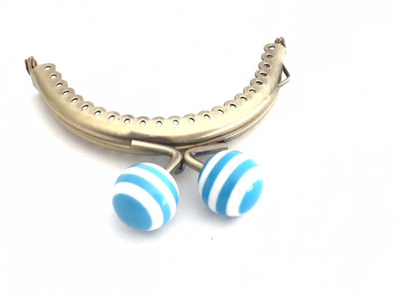 Metal purse frame with sewing holes 8,50 cm bronze supplies purse clasp, coin purse frame, white and blue ball decoration, cute coin purse image 3