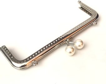 1 silver metal purse frame with sewing holes 18.5 cm, supplies, coin purse frame, white pearl decoration, pearl purse clasps, premium purse
