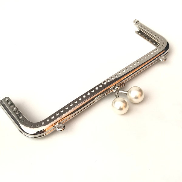 1 silver metal purse frame with sewing holes 18.5 cm, supplies, coin purse frame, white pearl decoration, pearl purse clasps, premium purse