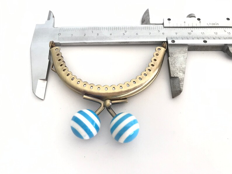 Metal purse frame with sewing holes 8,50 cm bronze supplies purse clasp, coin purse frame, white and blue ball decoration, cute coin purse image 7