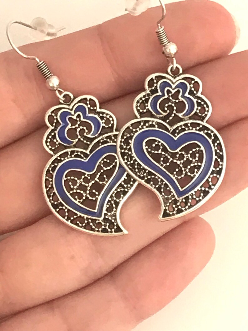 1 Pair of Portuguese filigree earrings, blue decoration silver earrings 3.0 cm, blue flower earrings, Viana's Heart earrings, Portugal image 2