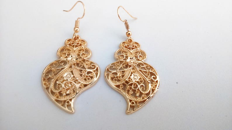 1 Pair of Portuguese filigree earrings gold 4 cm charm heart flower findings Viana Heart earrings traditional portuguese jewellery, Portugal image 3