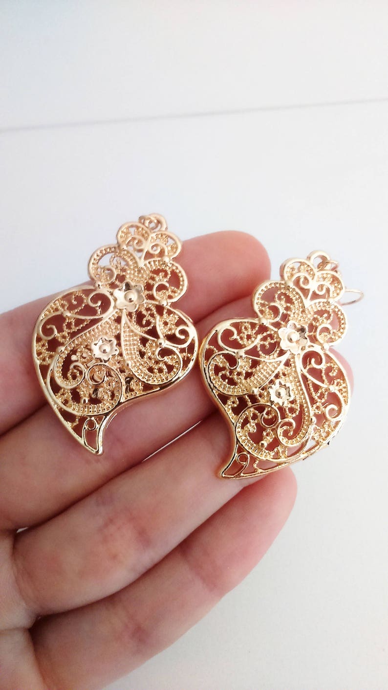 1 Pair of Portuguese filigree earrings gold 4 cm charm heart flower findings Viana Heart earrings traditional portuguese jewellery, Portugal image 1