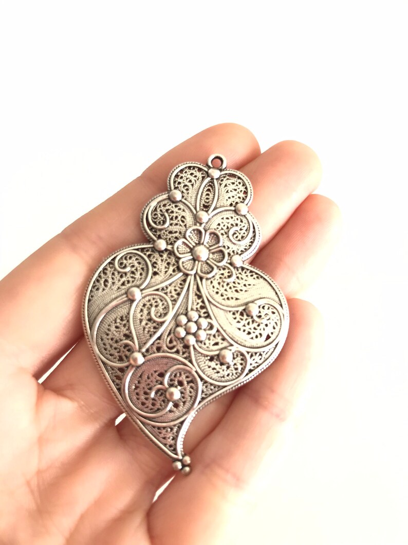 Filigree Pendant Silver Portuguese 6.0 Cm Charm Heart Flower - Etsy