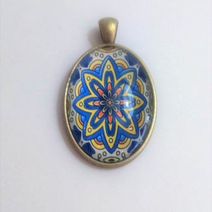 Glass tile pendant azulejo, kaleidoscope pendant mandala pendant portuguese tile like pendants, talavera jewellery, flower geometry supplies image 3